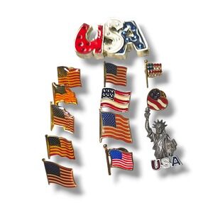 Vintage USA Flag Pin Lot American Flag Brooch Mix Patriotic Enamel Rhinestone